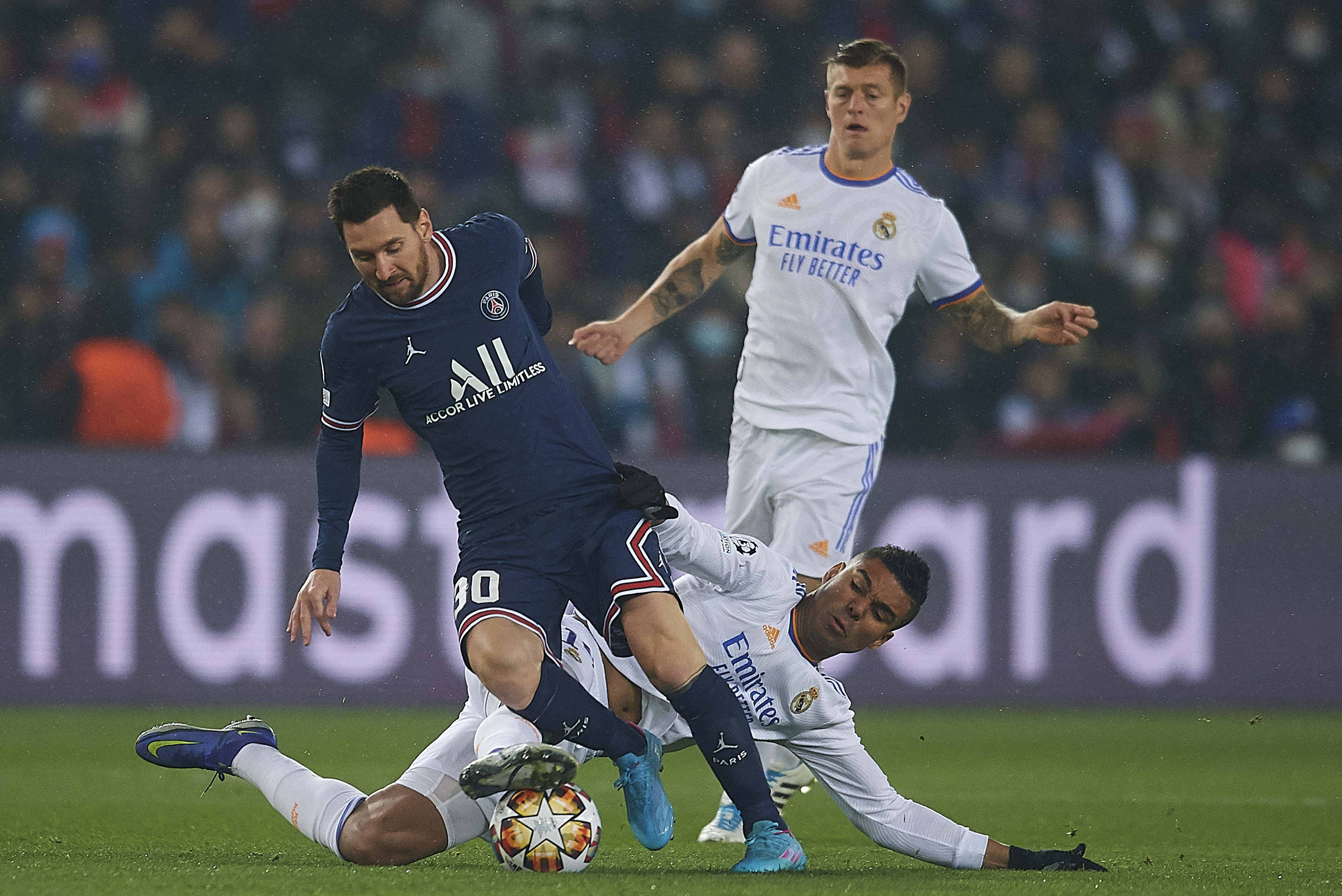 Casemiro tackling Messi Casimero and Lionel Messi