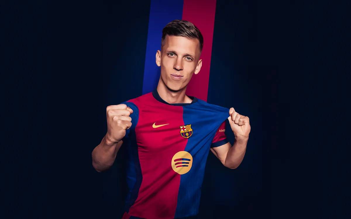 Dani Olmo in the new Barcelona kit. Image Credit: FC Barcelona Image
